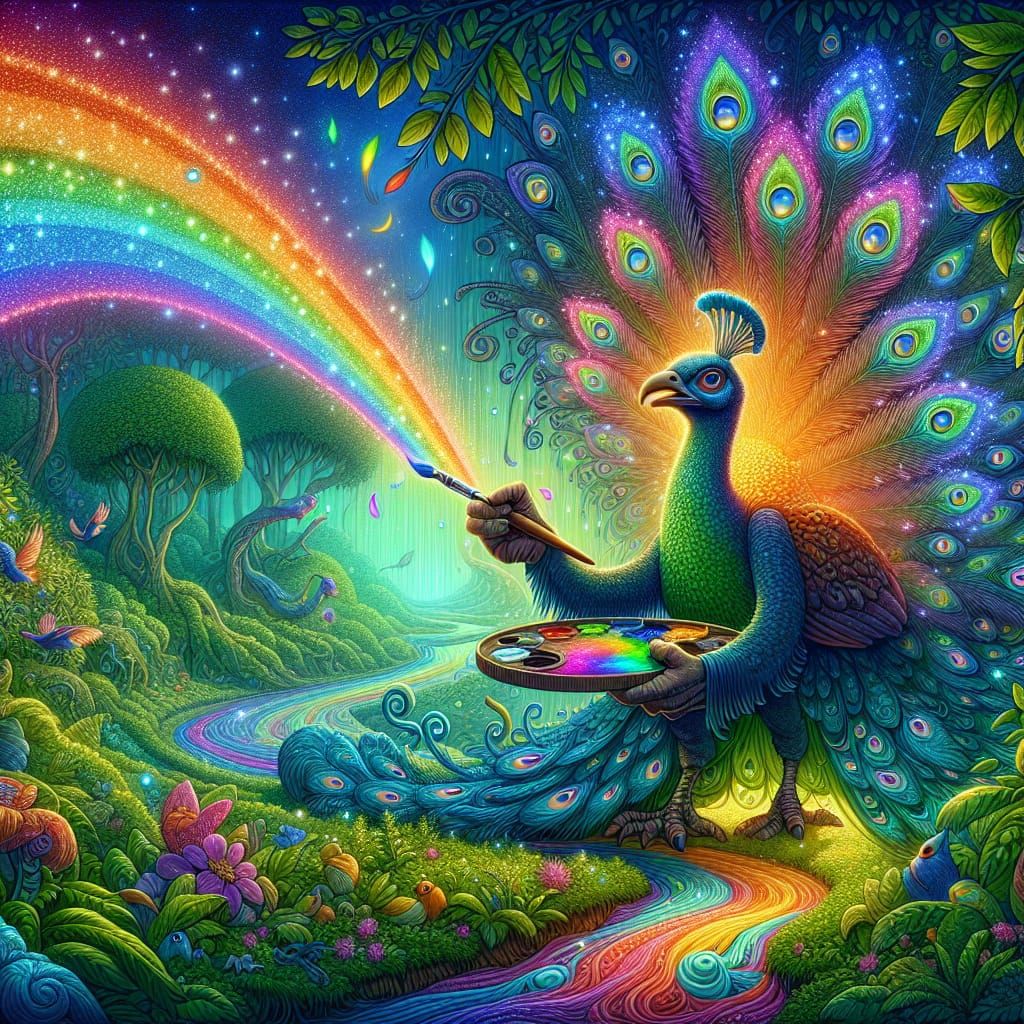 Anthropomorphic Peacock Painting a Rainbow in Cartoon Style
