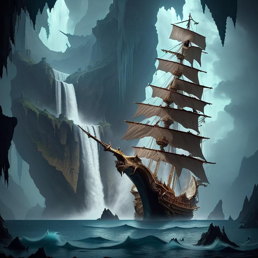 Galleon and Sea Serpent in Sky-lit Cavern