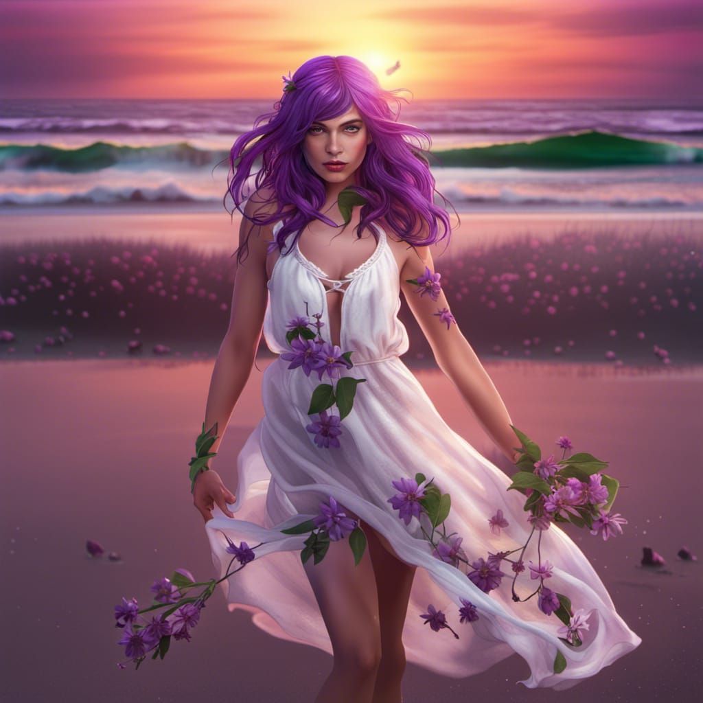 Purple Haired Girl on Beach at Sunset