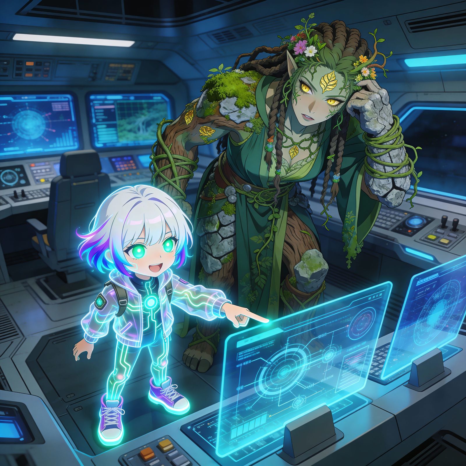 Futuristic Spaceship Scene: AI and Troll-Dryad Healer