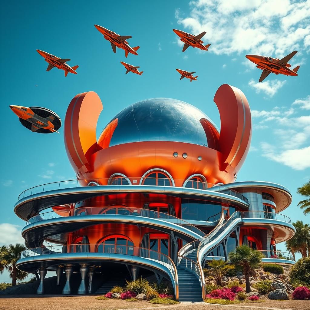 Futuristic Retro House with Geodesic Dome in Geometric Style