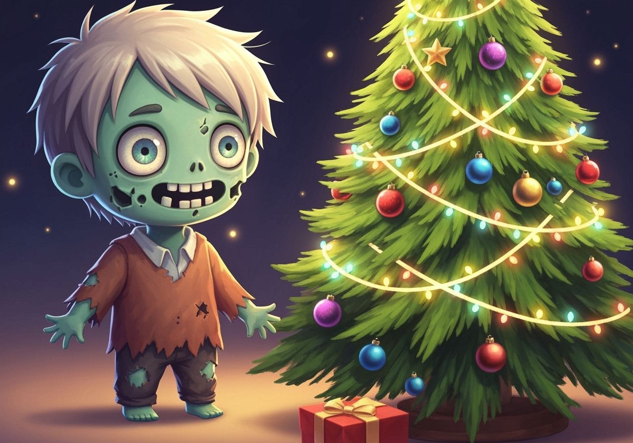 Cute Chibi Zombie by Christmas Tree, Anime Style