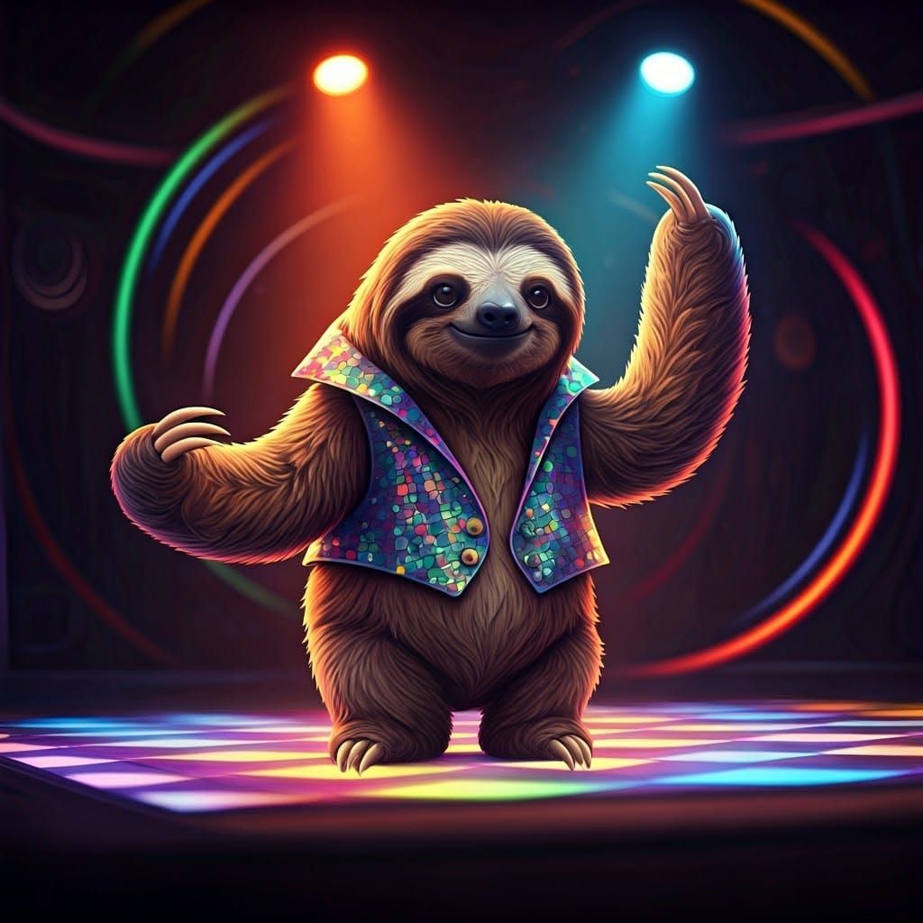 Sloth in Disco Attire Shines on Vibrant Dance Floor