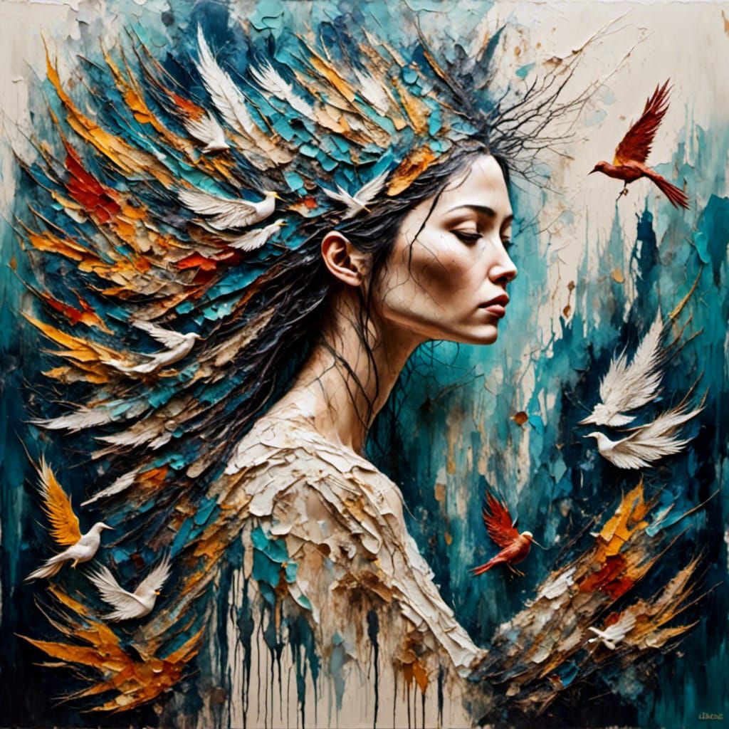 Tribal Priestess in Magical Forest as Impasto Painting