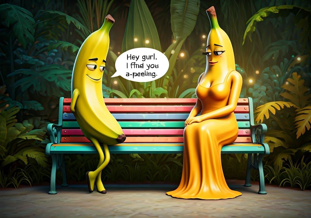 Charming Banana Wooing a Disinterested Lady in a Whimsical P...