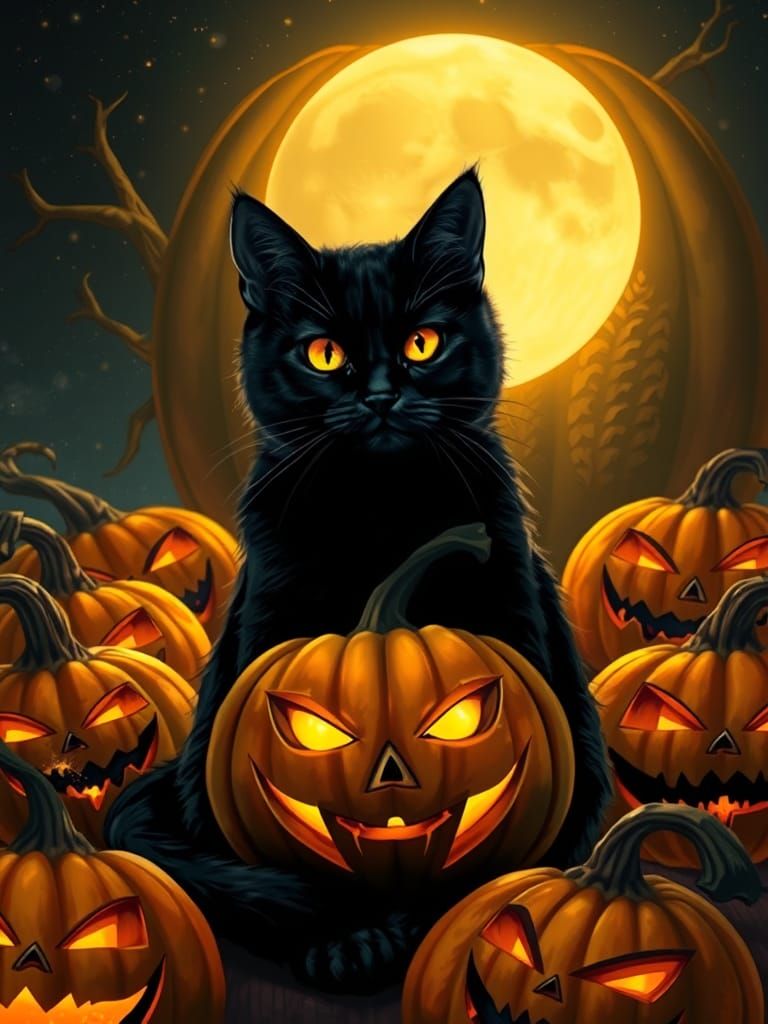 Majestic Black Cat Among Halloween Pumpkins