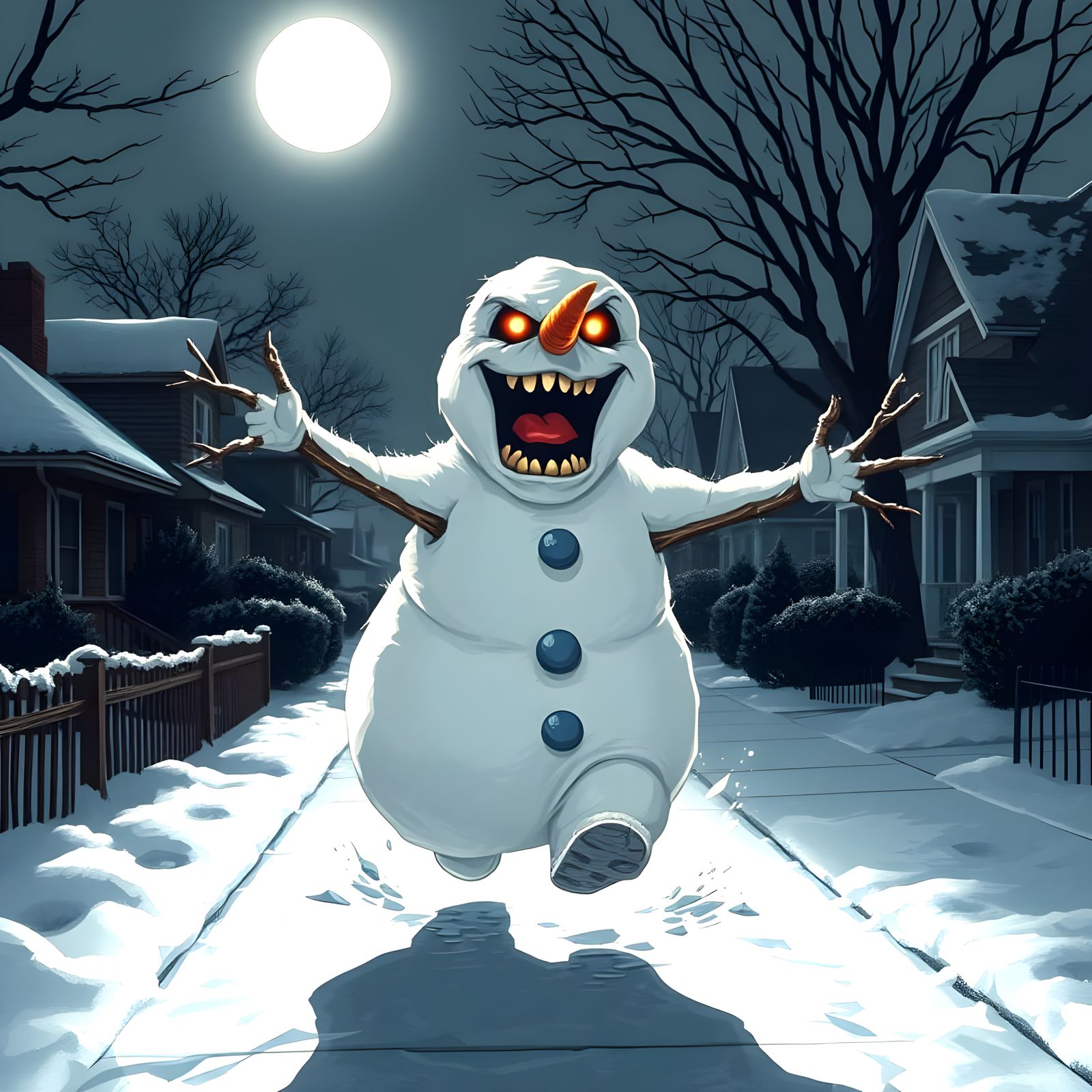 Snowman Ambush Under Moonlight in Suburban Neighborhood