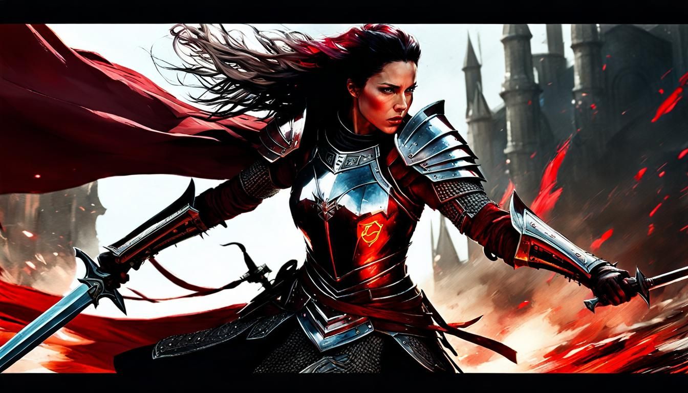 Red-Haired Knight Charges: Hyperrealistic Digital Watercolor