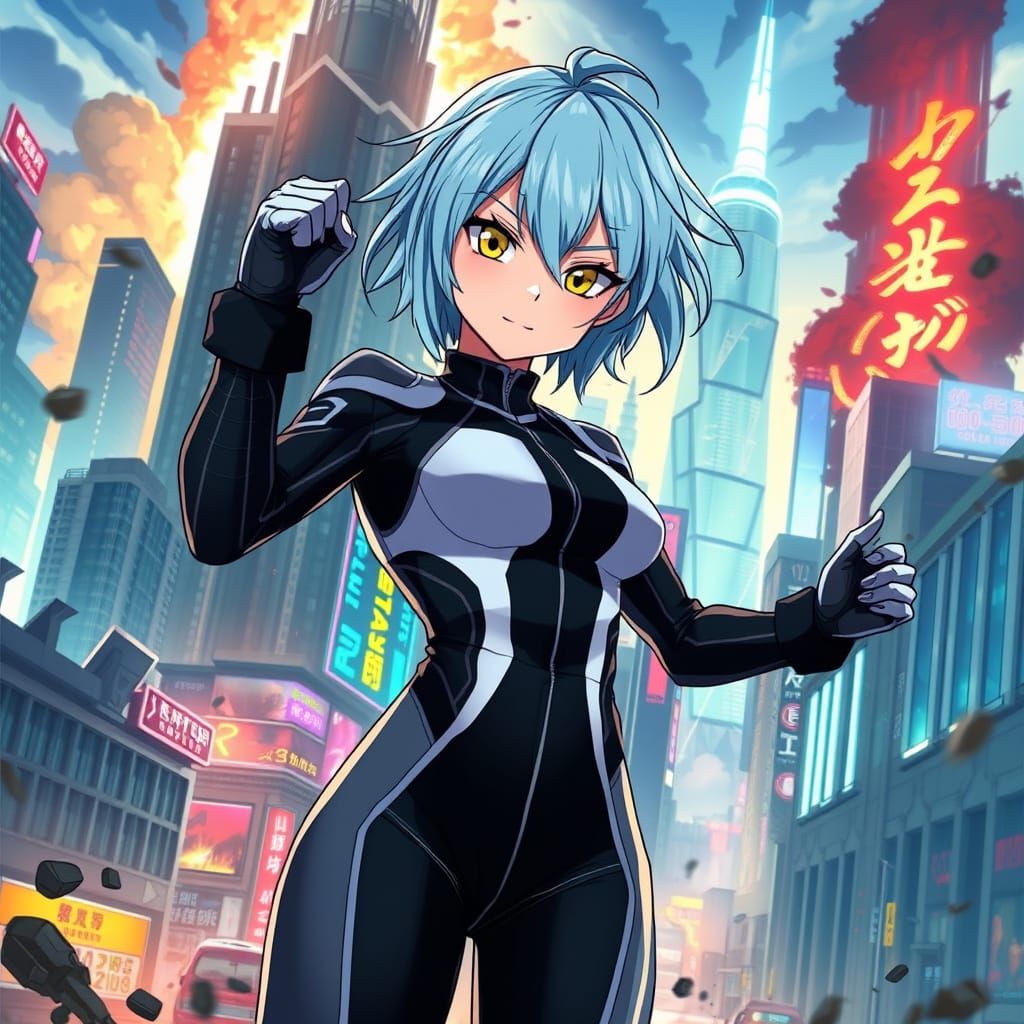 Anime Heroine in Futuristic Cityscape with Neon Lights and E...