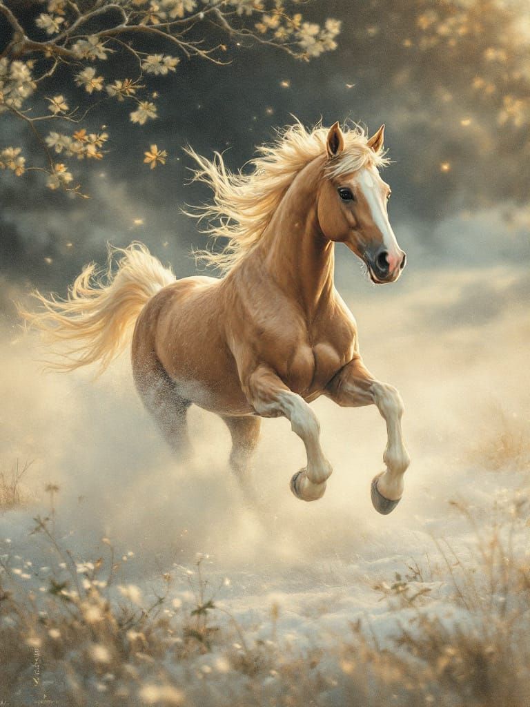 Horse Runs Through Dream Mist with Golden Blossoms