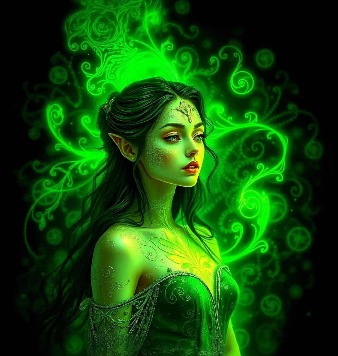 Bioluminescent Maiden with Green Filigree Designs