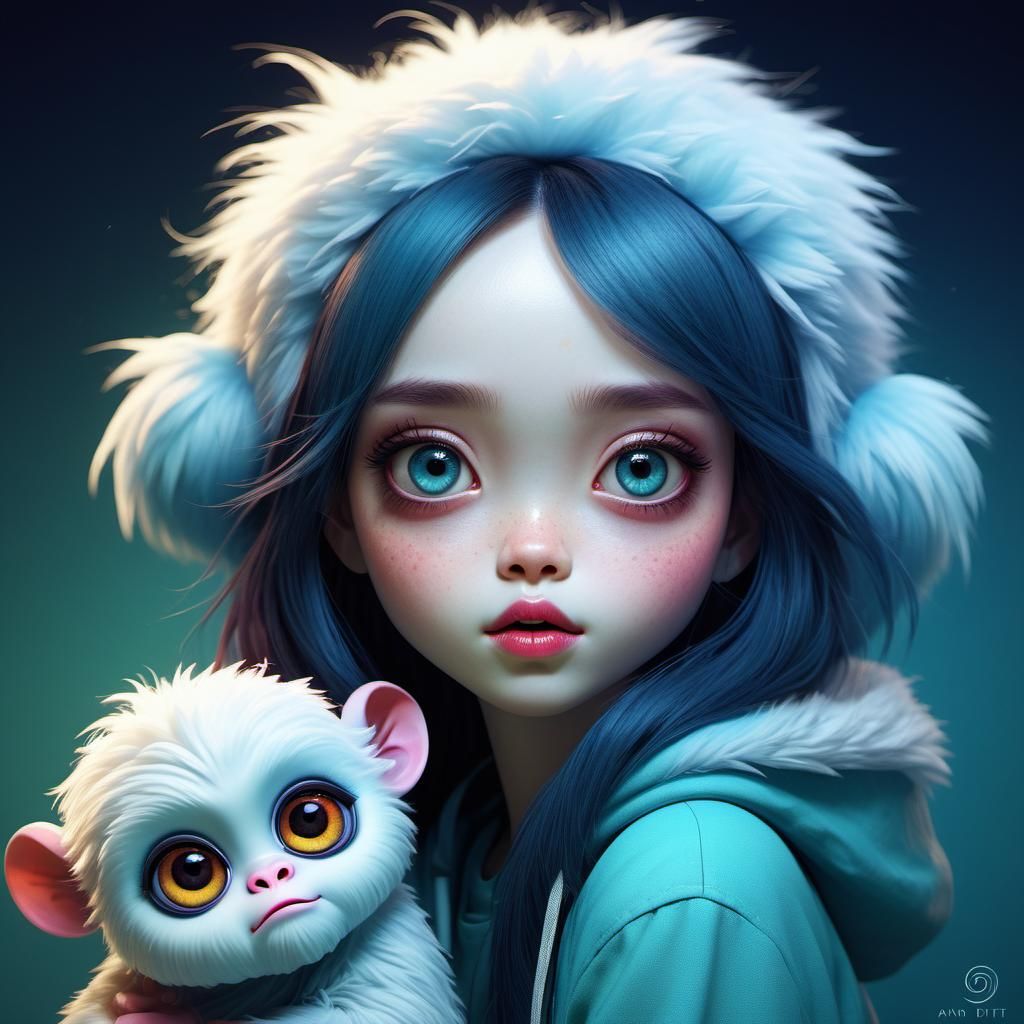 Adorable Girl Playing with Yetis, Hyperrealistic Digital Art