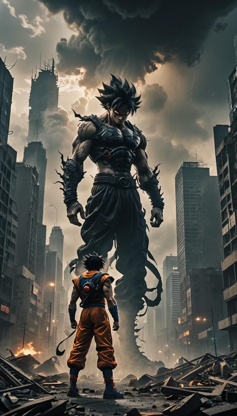 Goku and Venom Fusion in Ruined Cityscape
