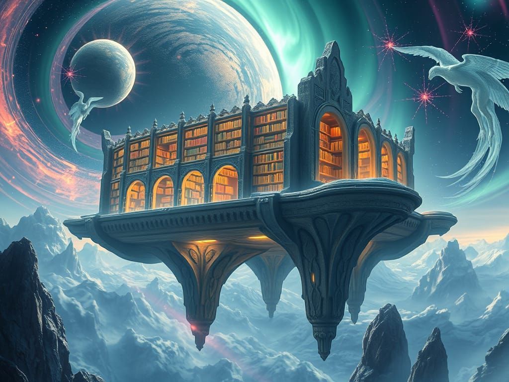 Floating Alien Library in the Sky: 3D Anime Art