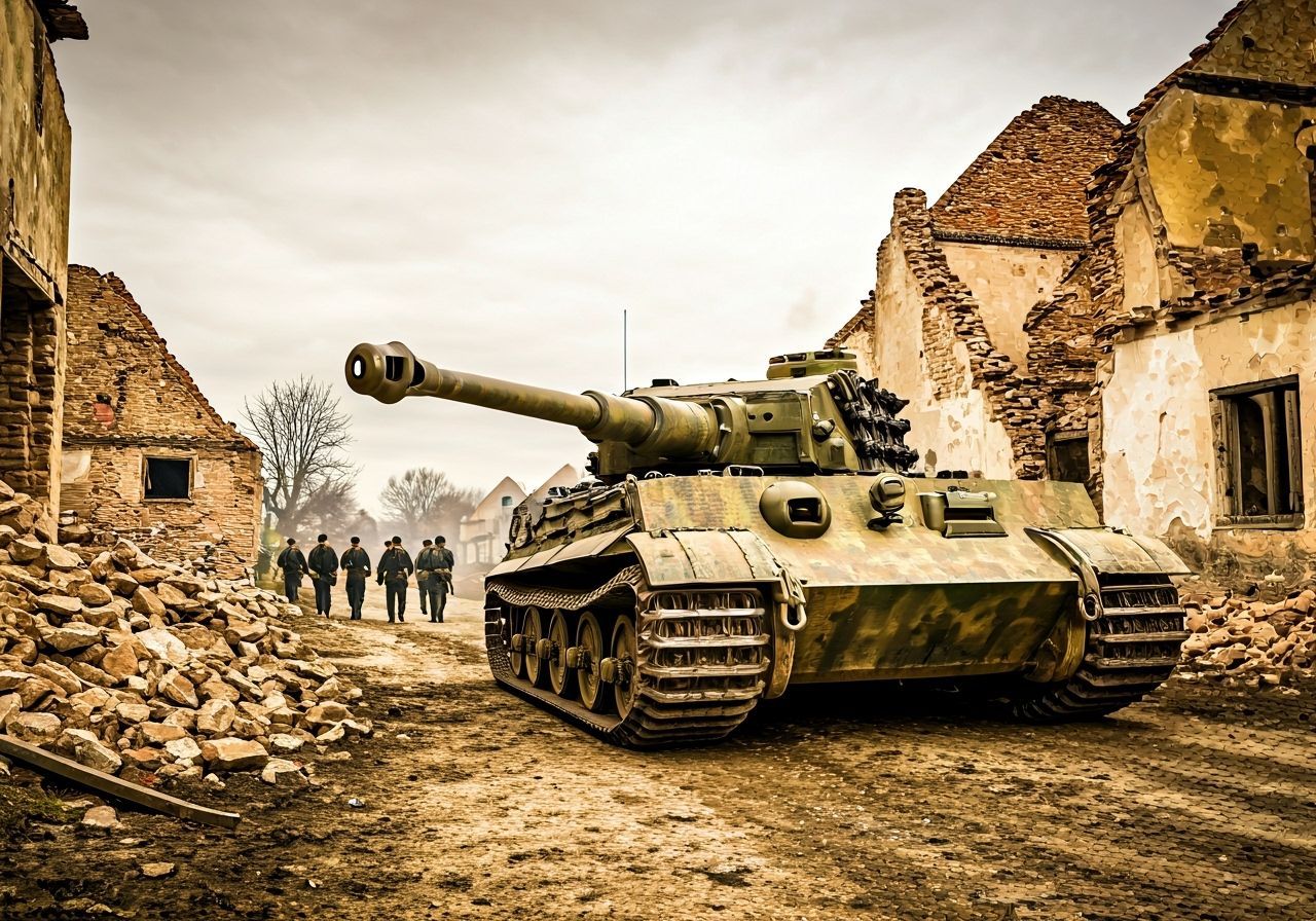 WW2 German Tiger Tank in War-Torn Village, Sepia Tone