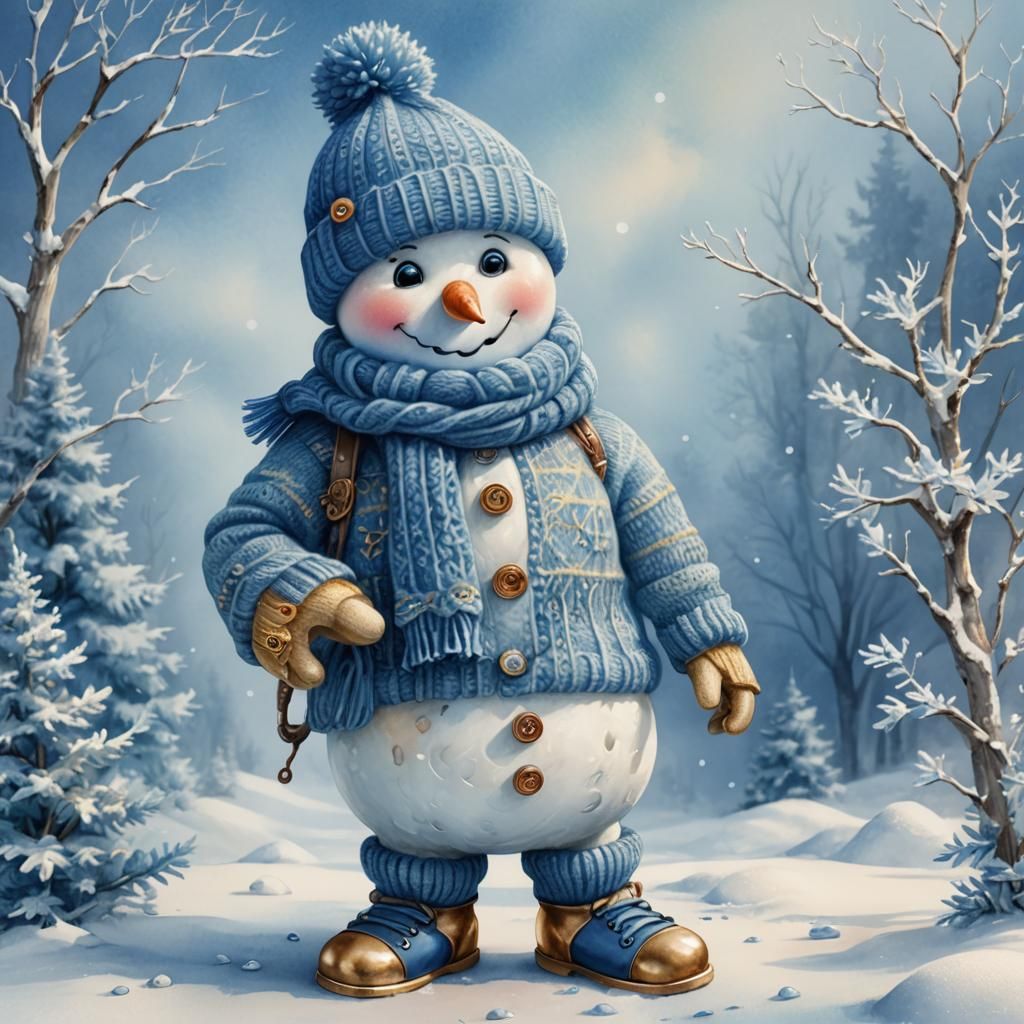 Whimsical 3D Snowman Character in Knitted Outfit