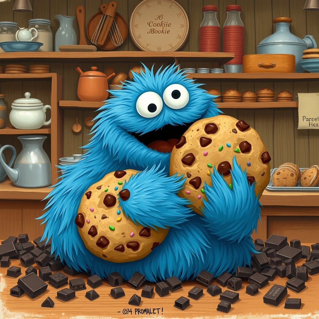 Surreal Cookie Monster in Bakery Setting