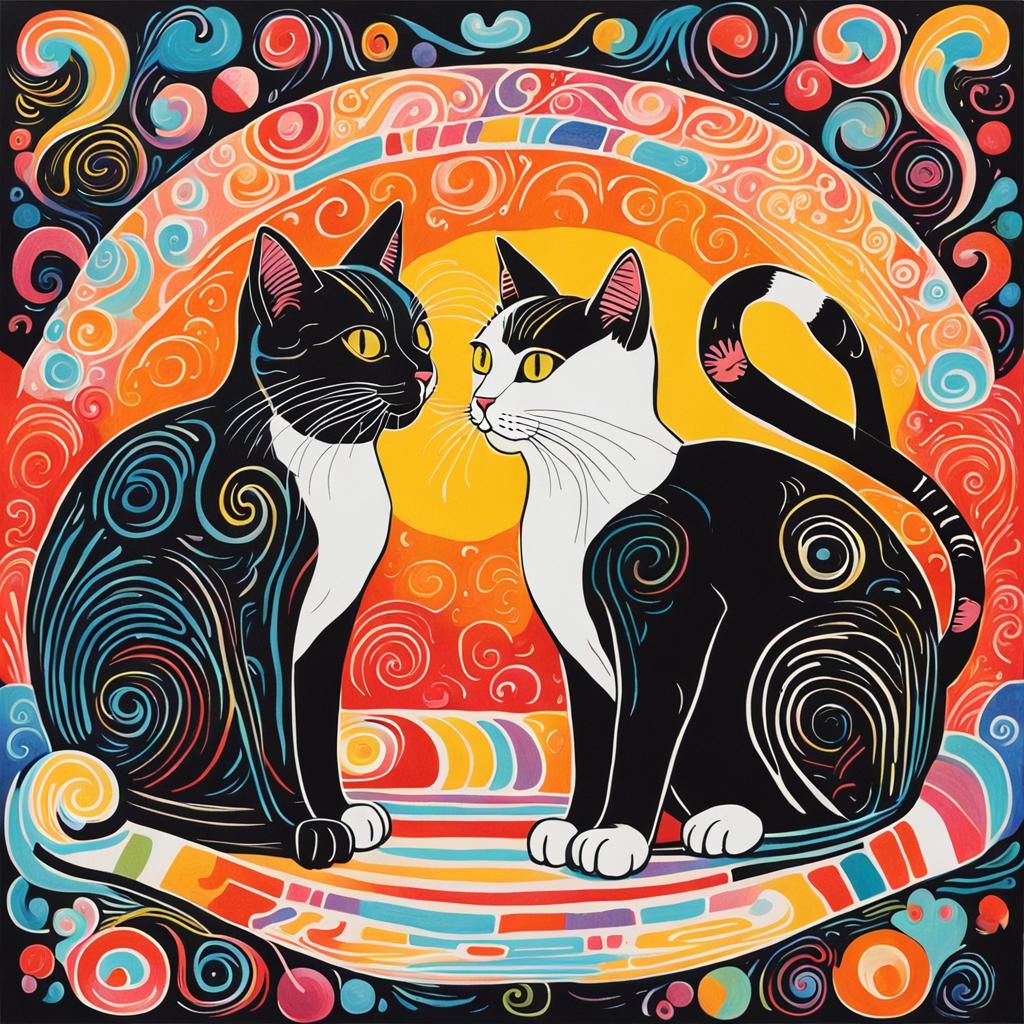 Mirrored Cats Linocut Print in Vibrant Wonderland Style