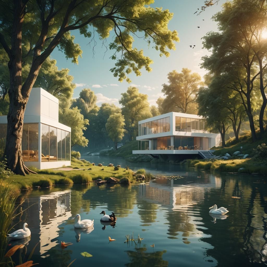 Cubic Structure by River: Hyper-Realistic Digital Art