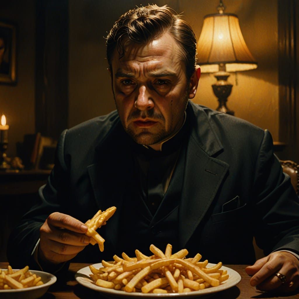 Priest's Late-Night Fry Indulgence: An Oil Painting