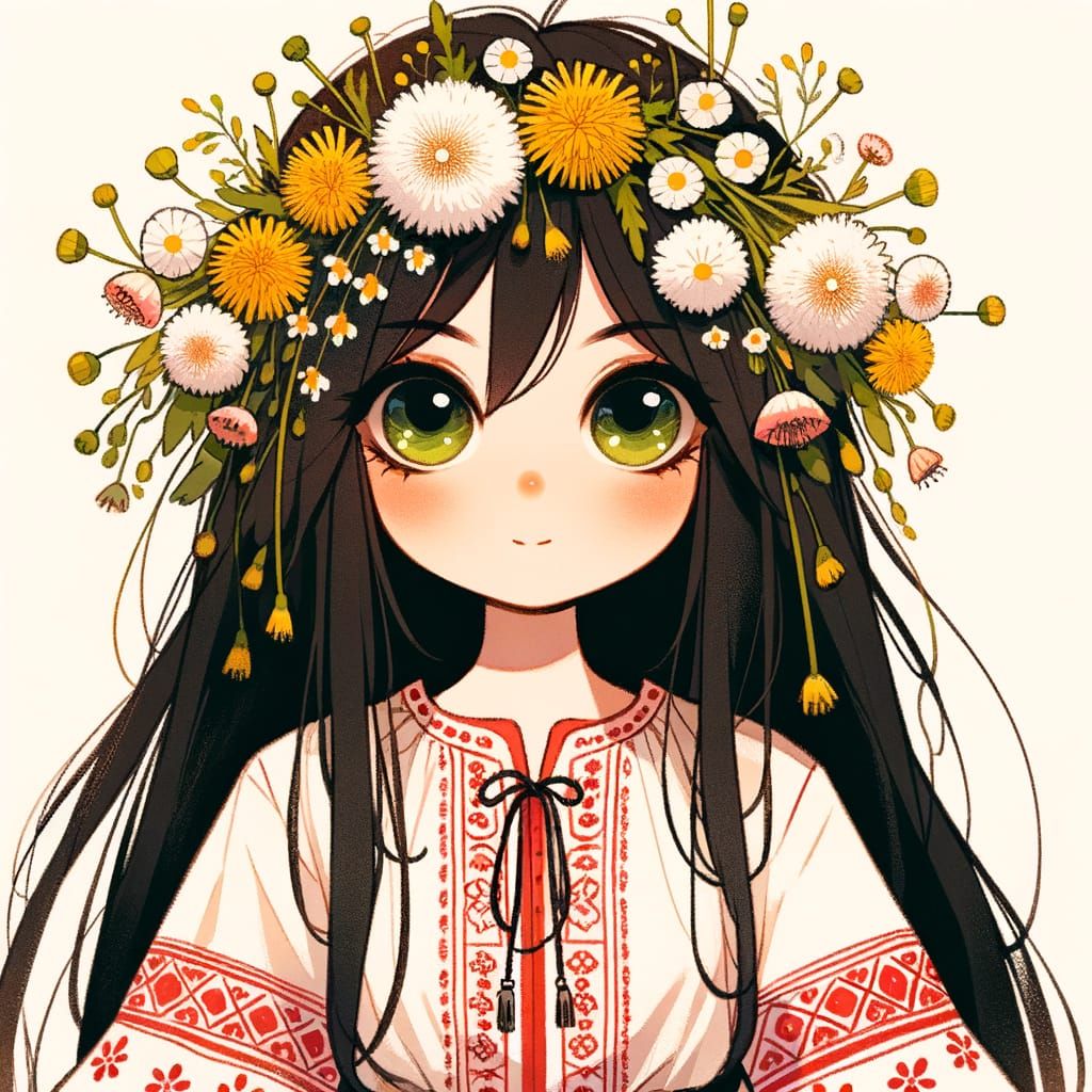 Animation of Girl with Flowers and Green Eyes