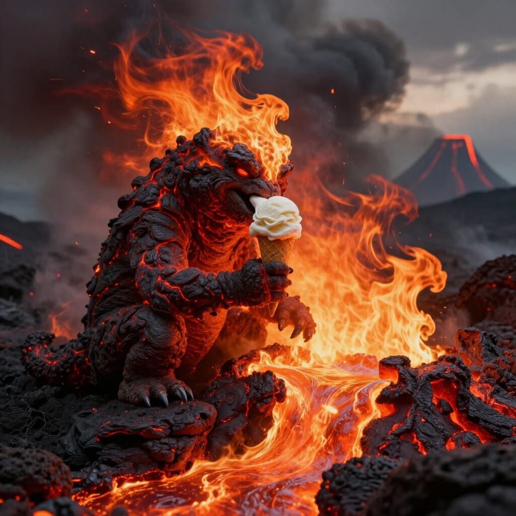 Fluffy Lava Creature Enjoys Ice Cream in Volcanic Ash