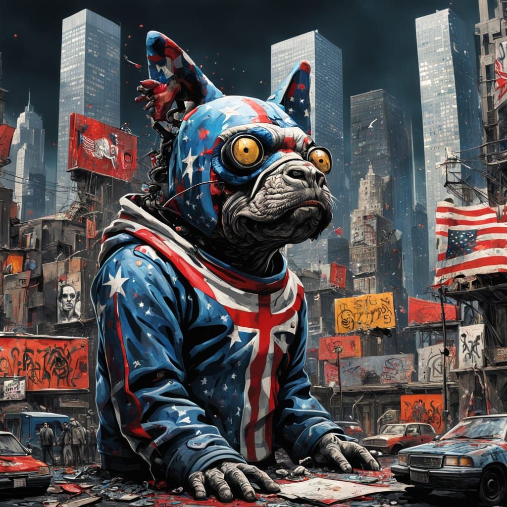 Dystopian Cityscape in Gritty, High-Contrast Graffiti Art St...