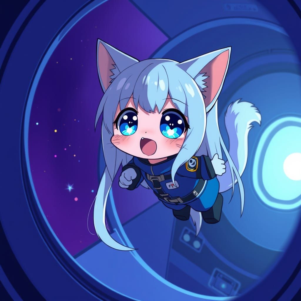 Anime Catgirl in Space Shuttle with Synthwave Lighting