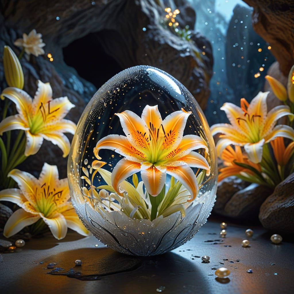 Glass Egg on Lily Flowers in Top-Lit Cave