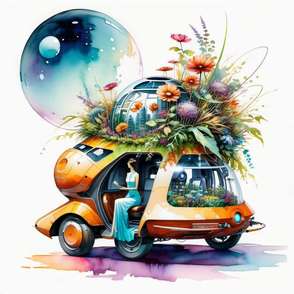 Futuristic Floating Car in City with Flower Robots