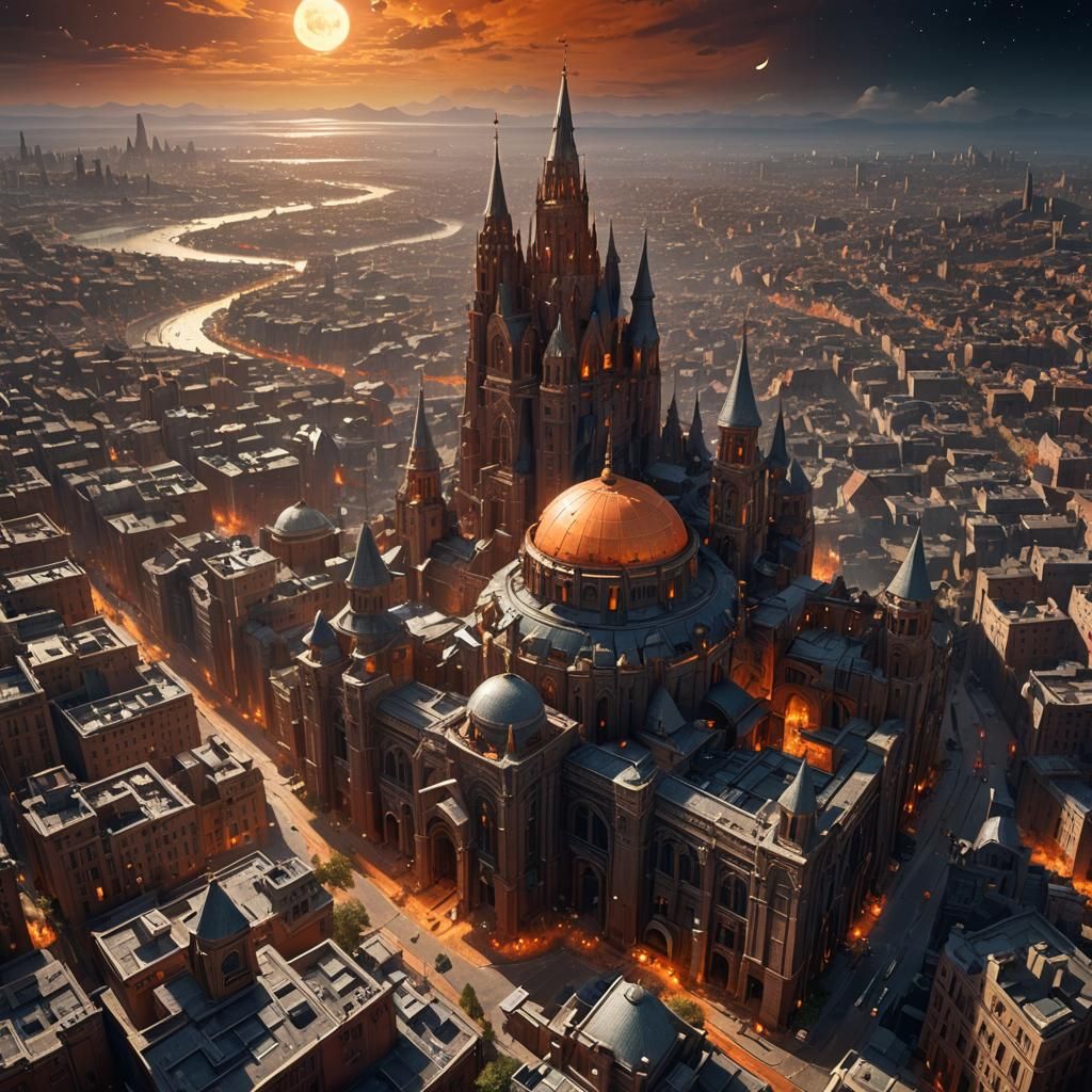 Metropolis on Red Planet with Celestial Display