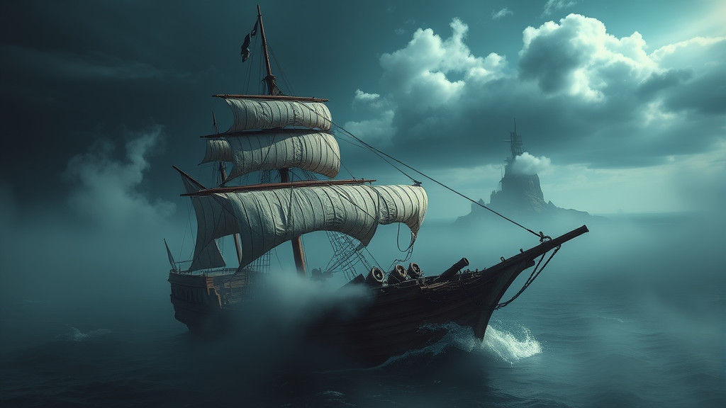 Ethereal Ghost Pirate Ship in Surreal Dark Sea Landscape