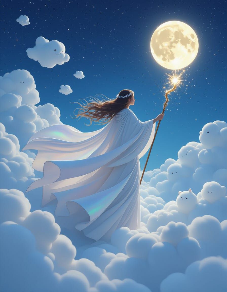 Cloud Shepherd Guiding Star-Dusted Mythical Clouds