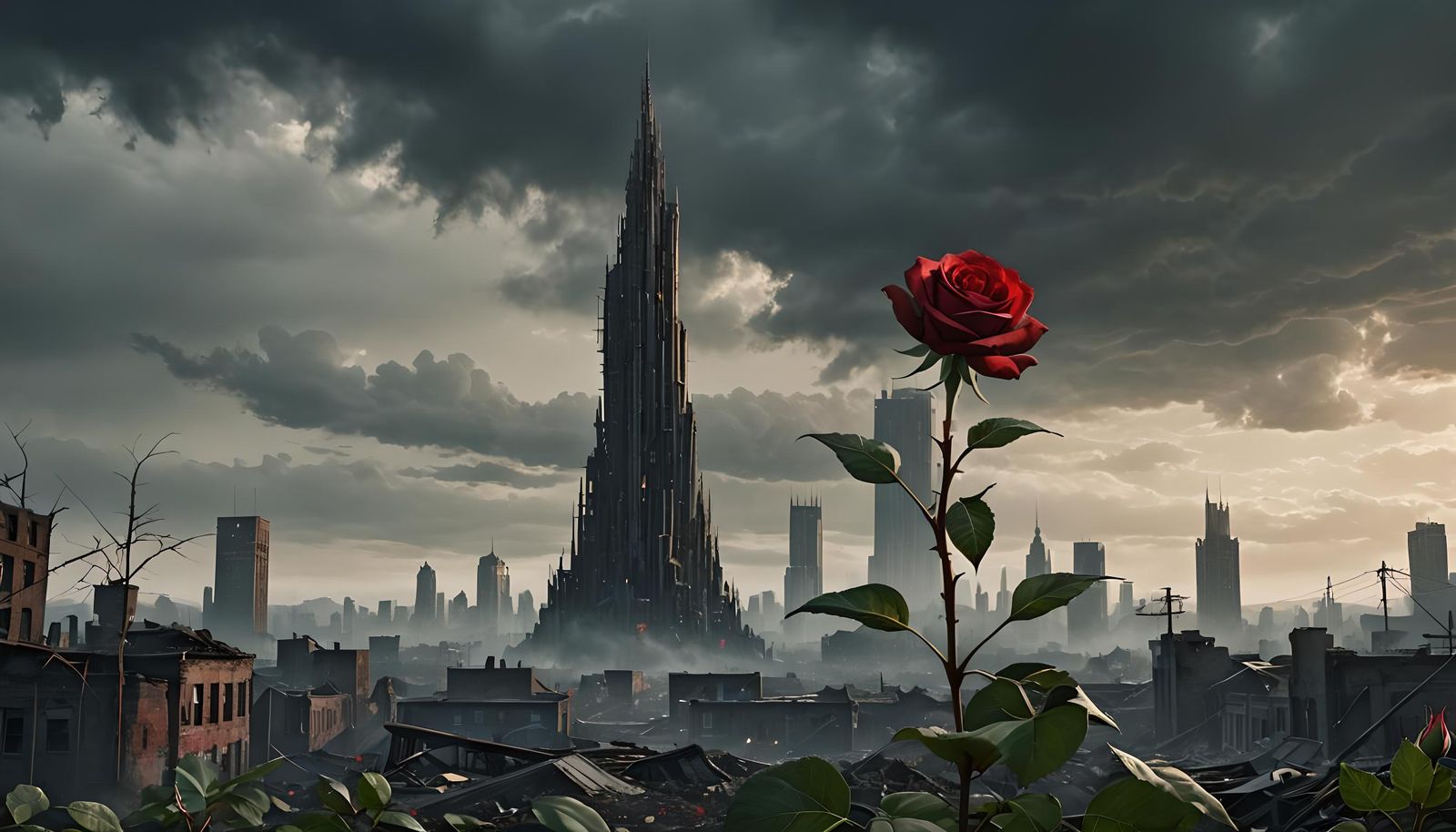Red Rose with Tower: Dramatic Digital Painting