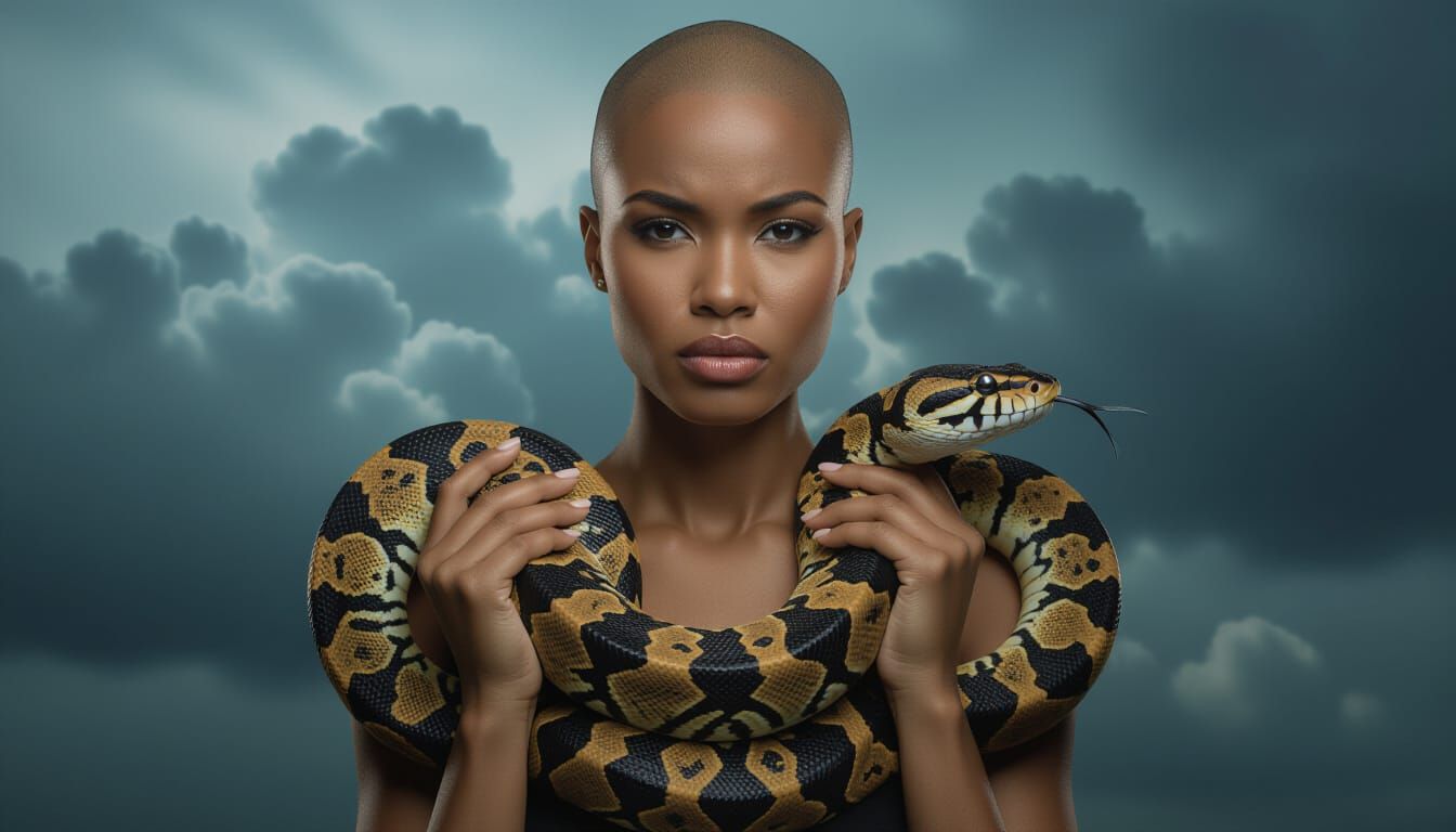 Bald Black Woman Holding Snake in Moody Studio