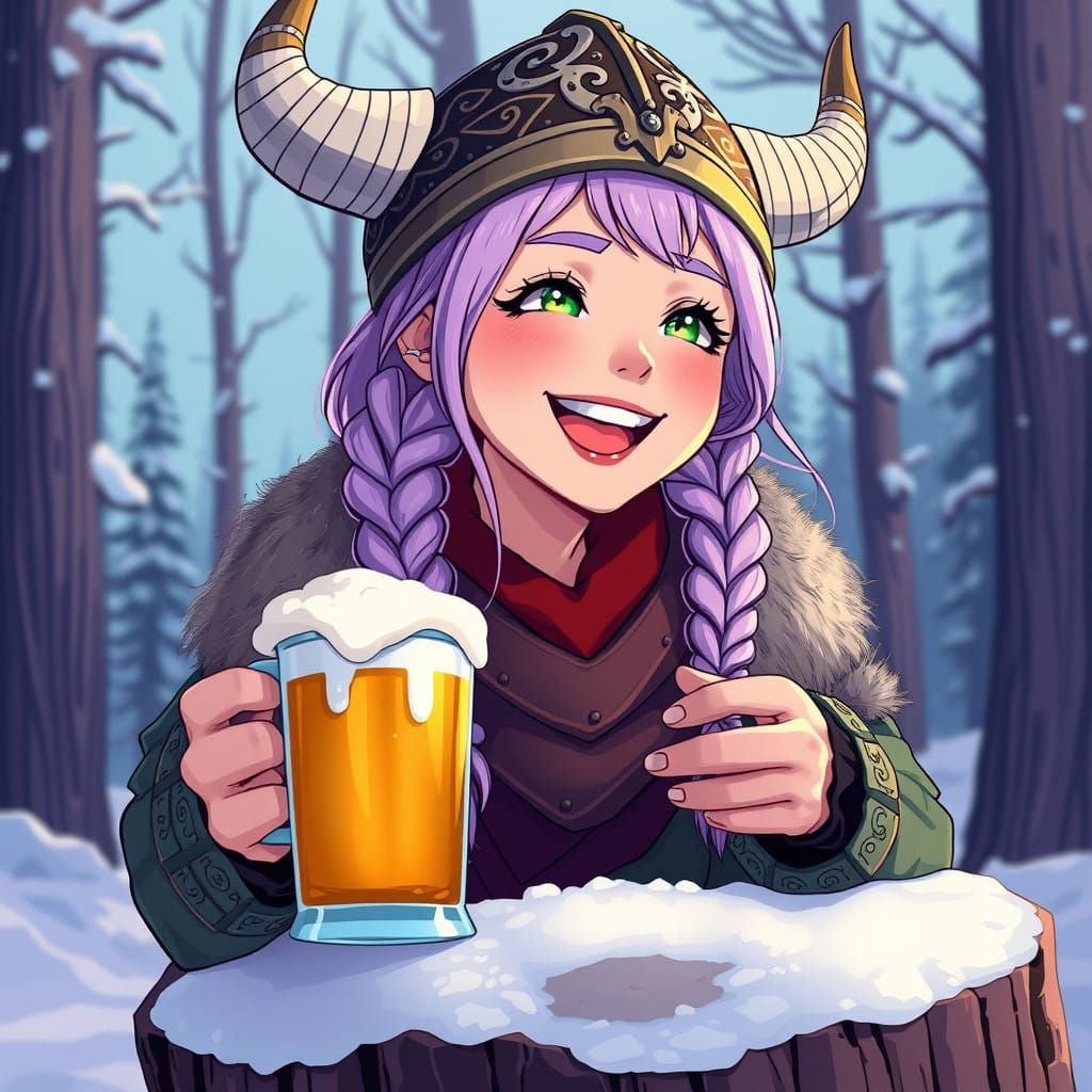 Viking Woman in Cel-Shaded Style with Horned Helmet and Beer...