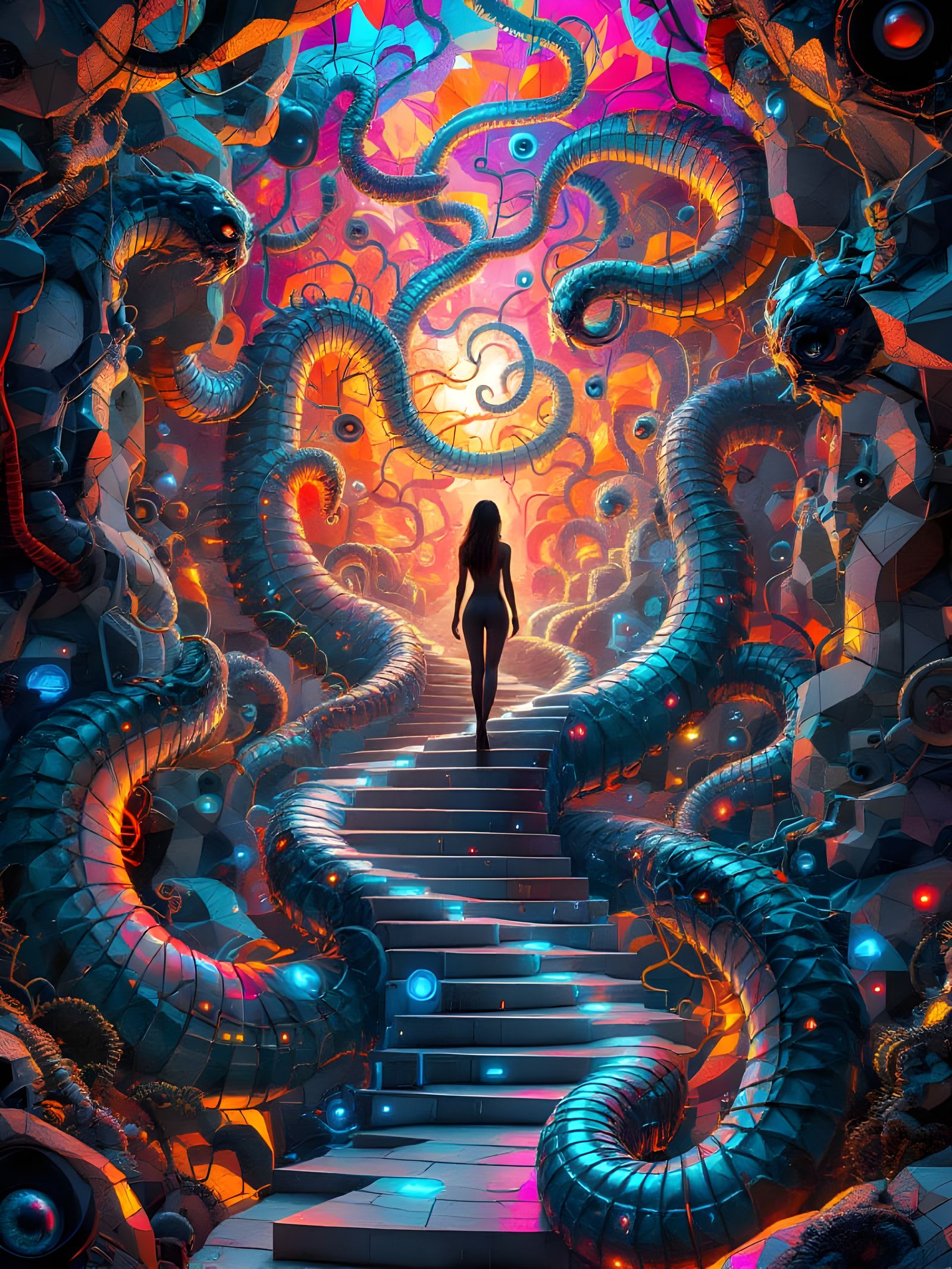 Biomechanical Terror in a 3D Rendered Escher-esque Realm