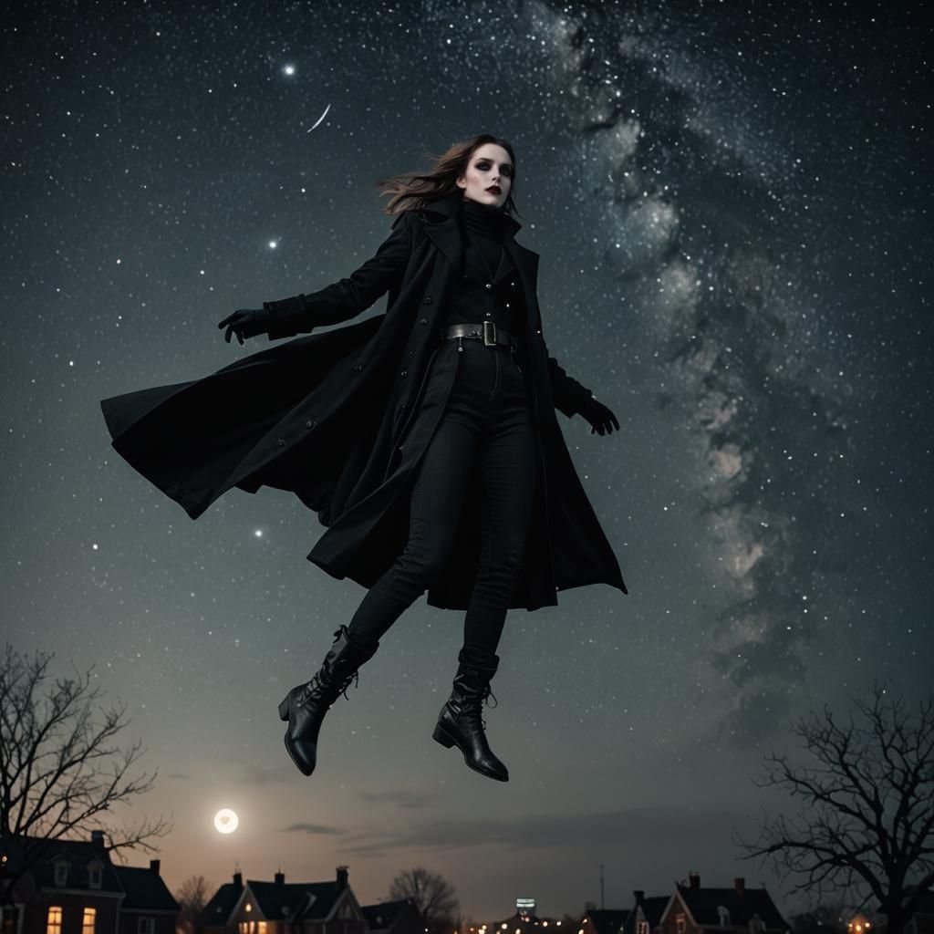 Gothic Vampire Woman Floats at Night: Hyperrealistic Image