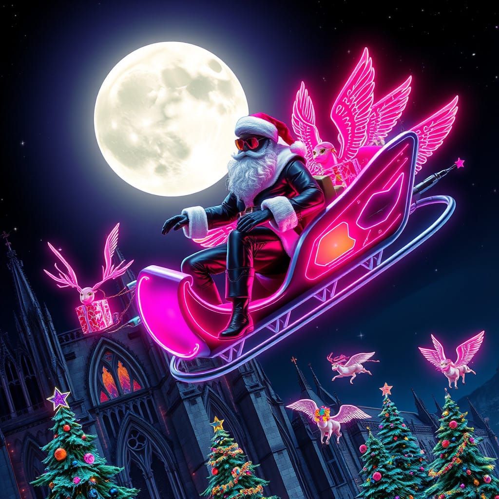 Cyberpunk Santa Claus Soars Through Neon Moonlit Night in Sl...