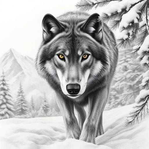 Lone Wolf in Snow Graphite Drawing