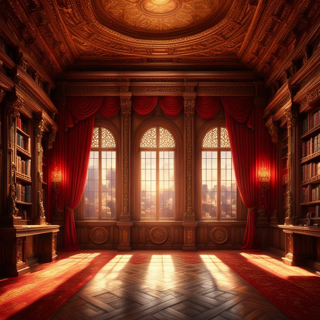 Majestic Library with Red Curtains: Cinematic Digital Painti...