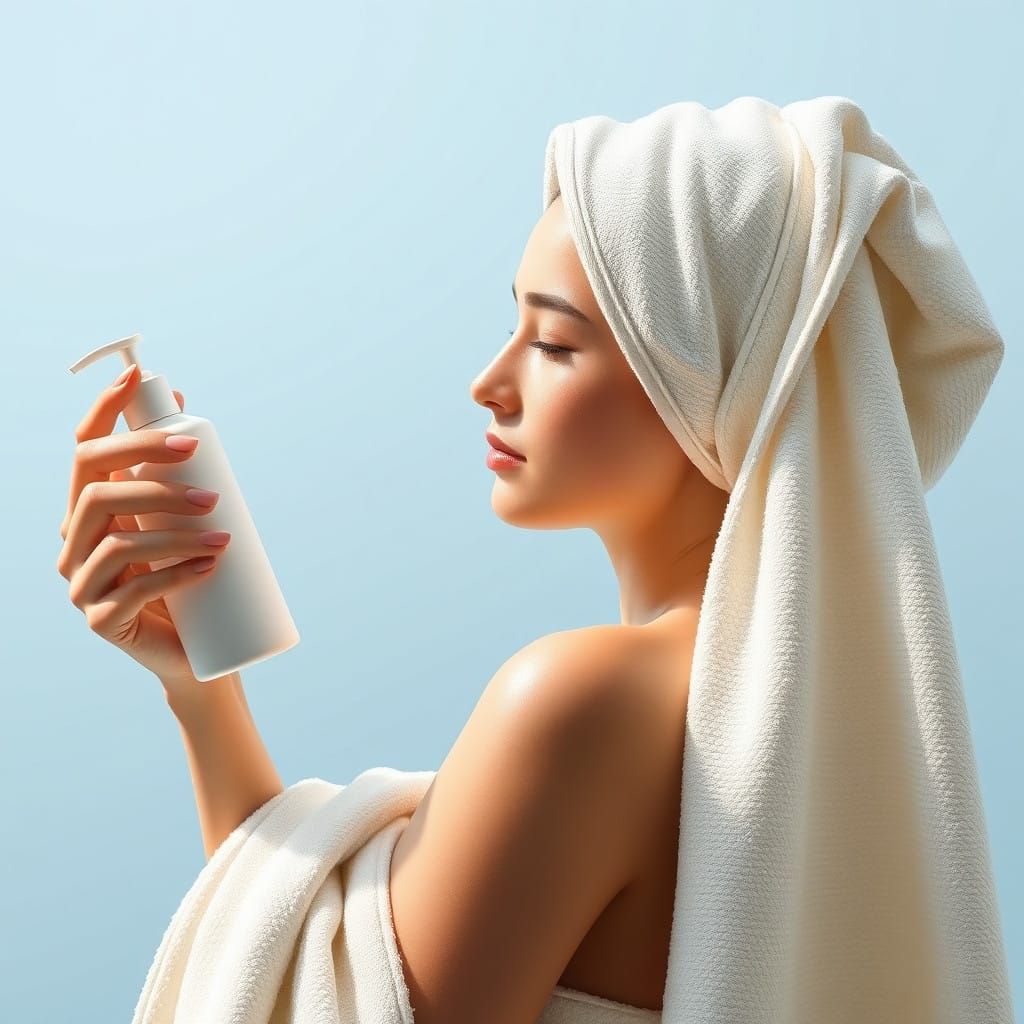 Serene Figure in Towel, Ready to Apply Lotion, in Geometric ...