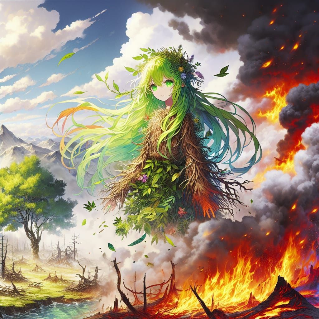 Anime Druid Girl Engulfed in Flames