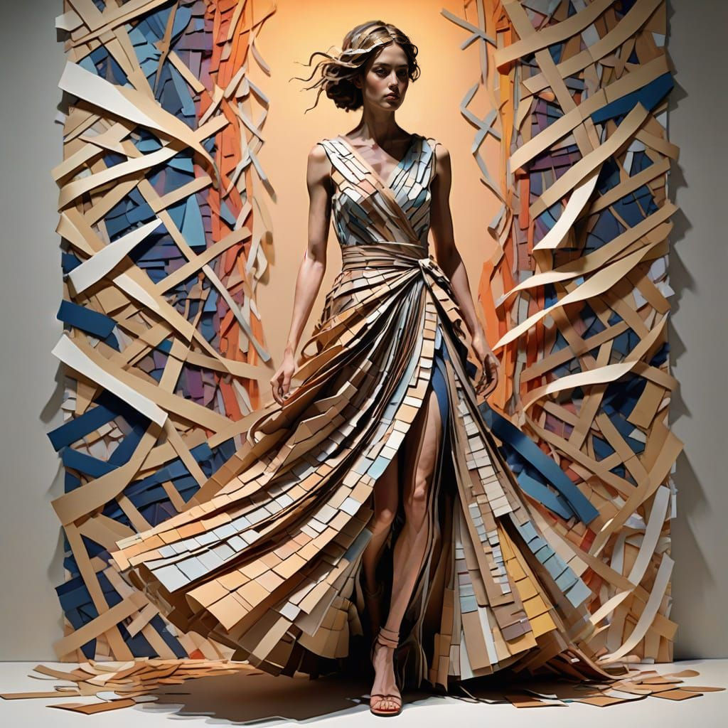 Surreal Fashion Model Wrapped in Paper Strips in Gradient Li...