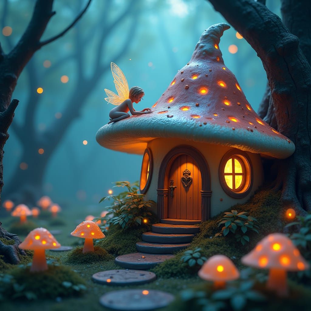 Fairy Mushroom House in Bioluminescent Forest