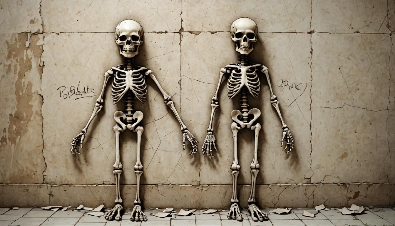skeleton poses against a stark background