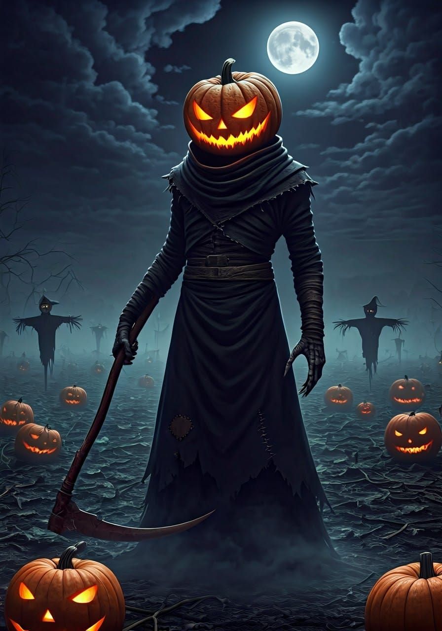 Gothic Anime Pumpkin Warrior Emanates Intense Orange Glow
