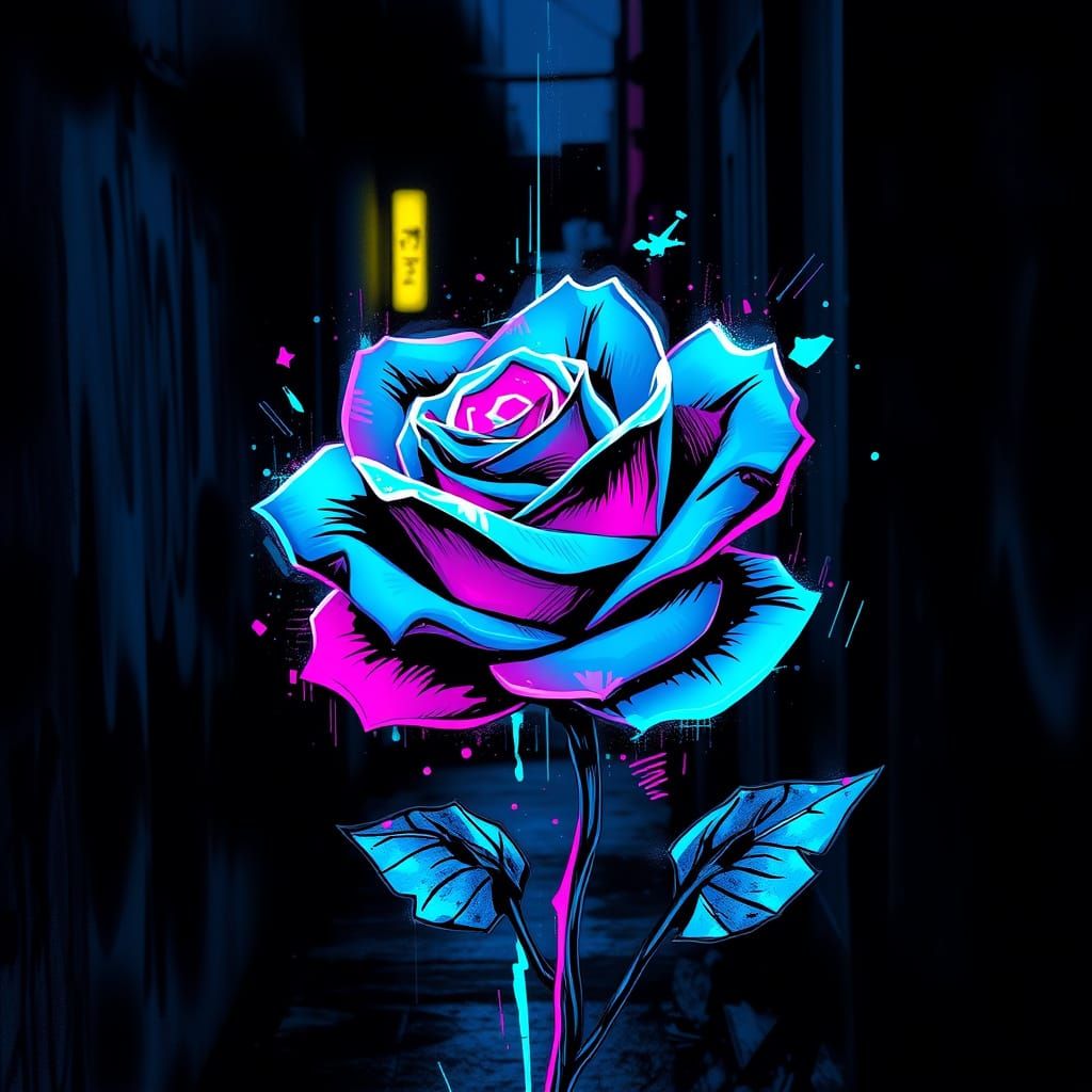 Electric Blue and Pink Cyberpunk Rose Blooms in Dark Alleywa...