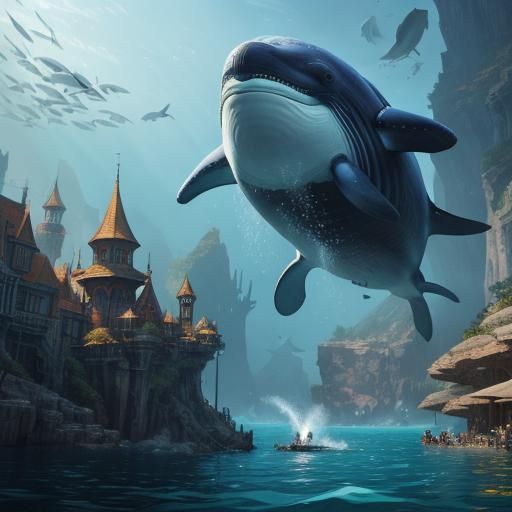 Whales Gaze at Aquarium Swimmers: Fantasy Concept Art
