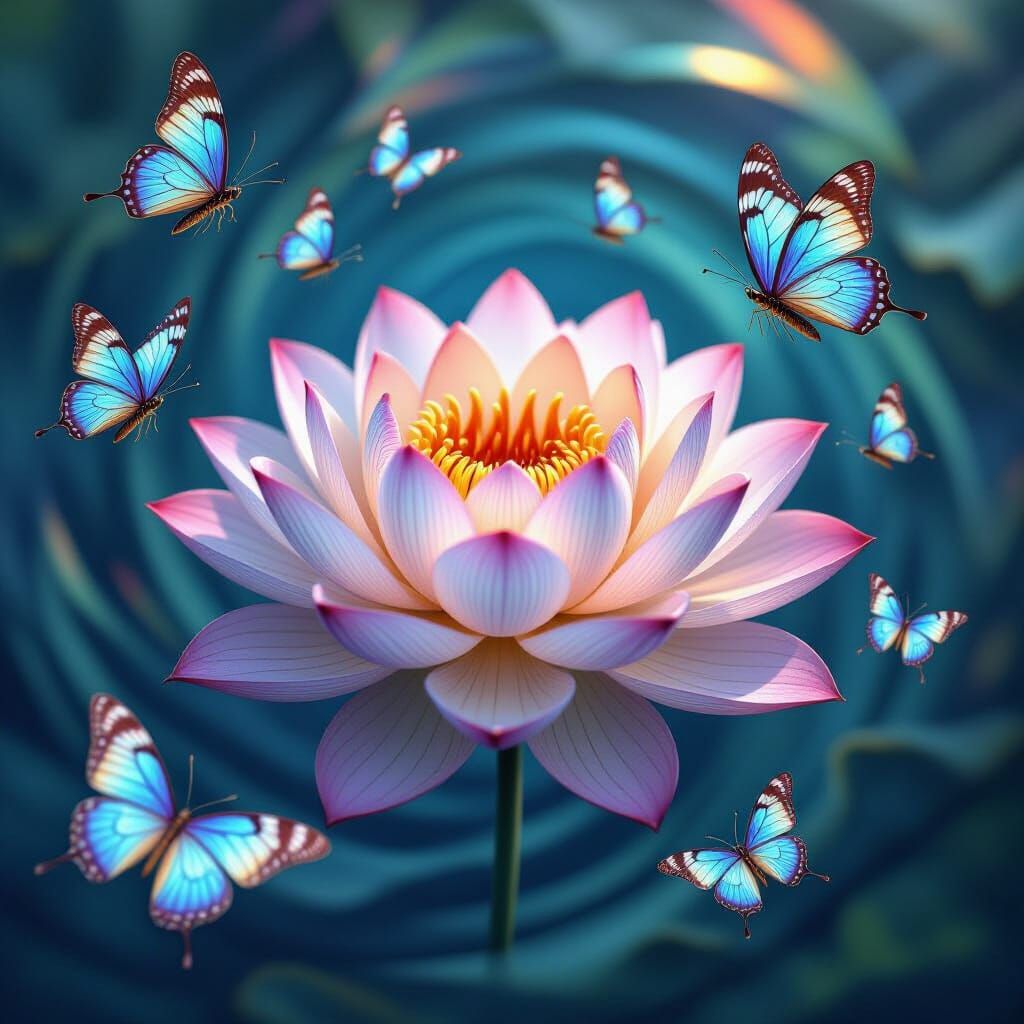 Blooming Lotus with Mirrored Butterflies in Haeckel Style